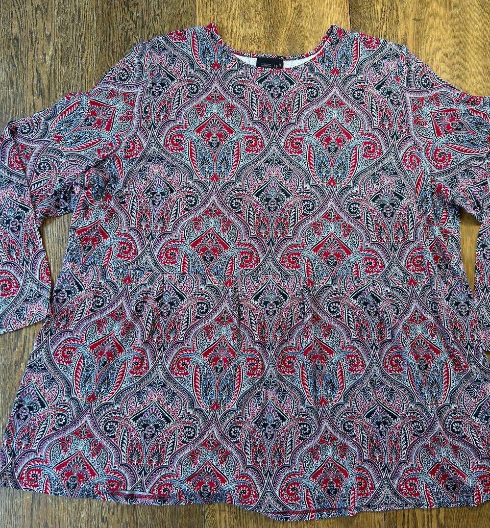 J Jill Wearever Collection Paisley Print Long Sleeve Peplum Top Red Black Sz 2X
